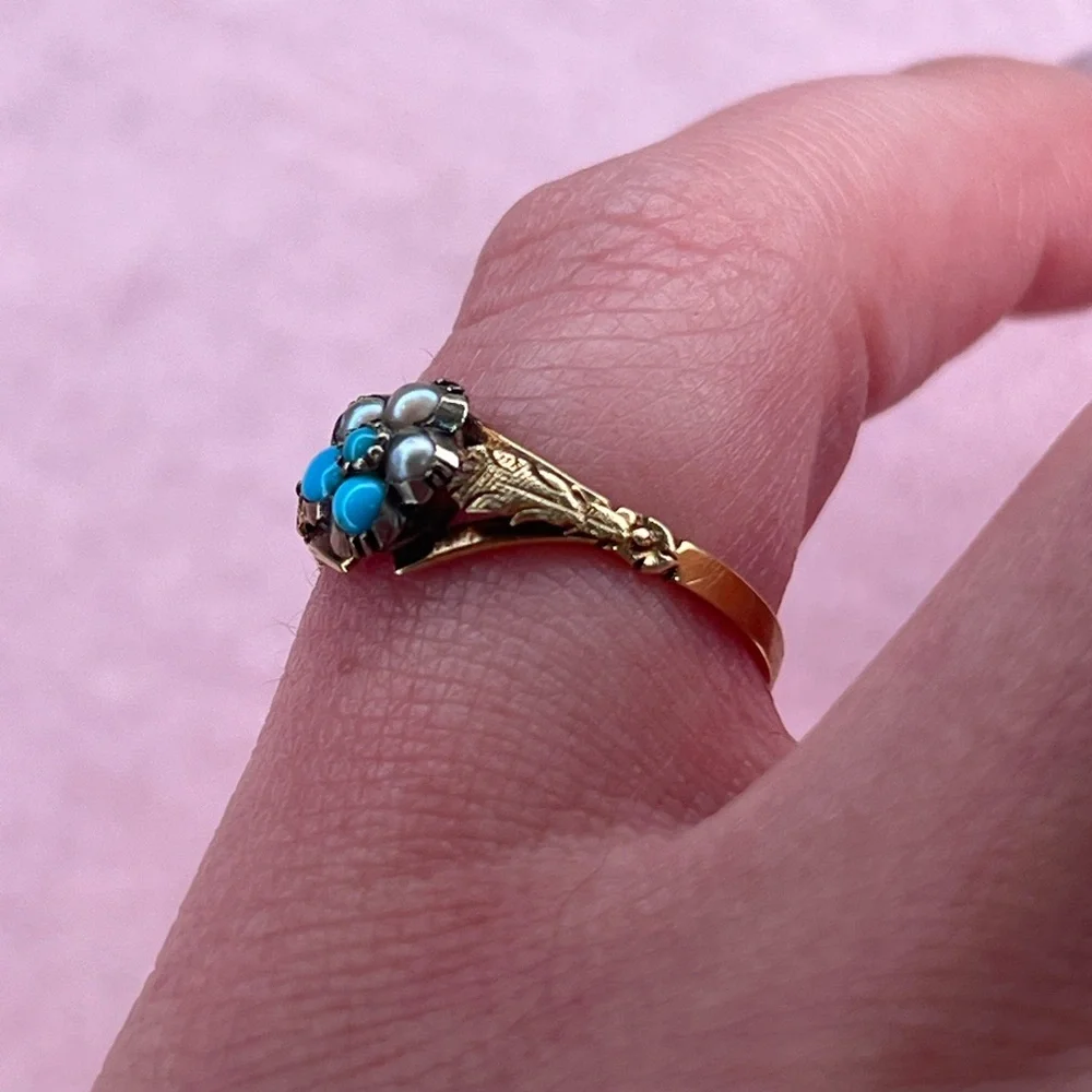 14K Gold Georgian/ Victorian Seed Pearl & Persian Turquoise Flower Cluster Ring